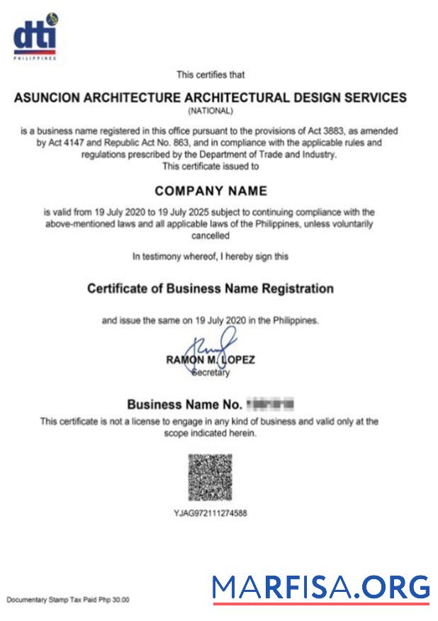 Downloadable Philippines Certificate of Business Name Registration sample